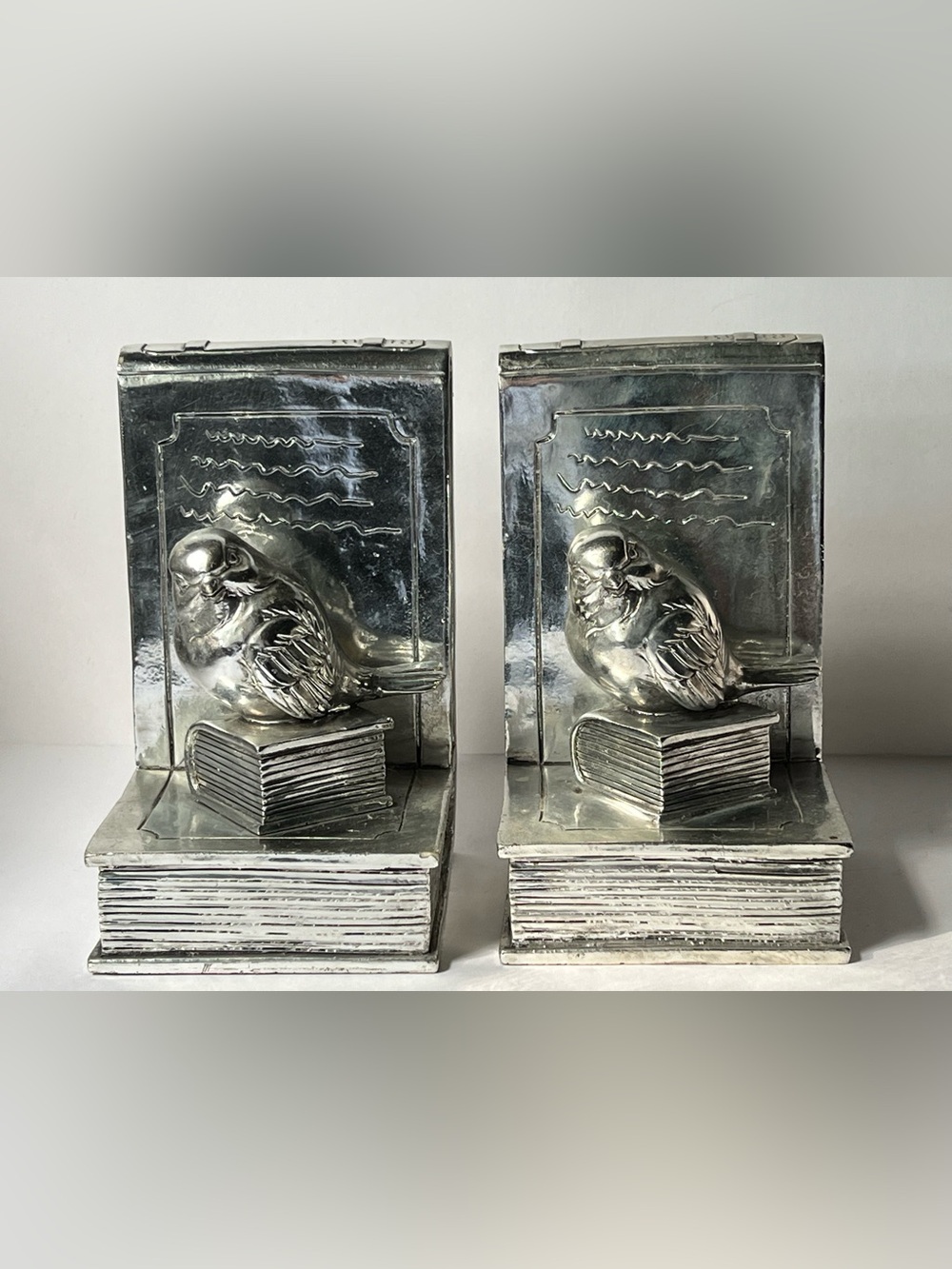 Silver Bird on Books Metal Bookends - Home Art